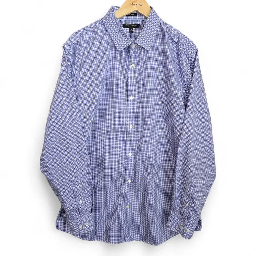 Banana Republic Dress Shirt Mens XL Lavender‎ Button Up Plaid Grant Fit Non Iron